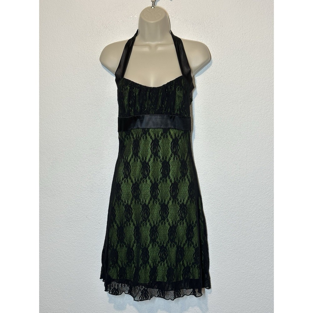 Vtg Taboo Y2K 90s Black Lace Over Green Halter Dress Sz S Fairy Whimsigoth Vamp